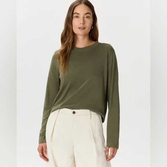 QUINCE WOMEN LIGHTWEIGHT COTTON MODAL RELAXED LONGSLEEVE T-SHIRT GREEN SMALL NWT - Picture 1 of 8